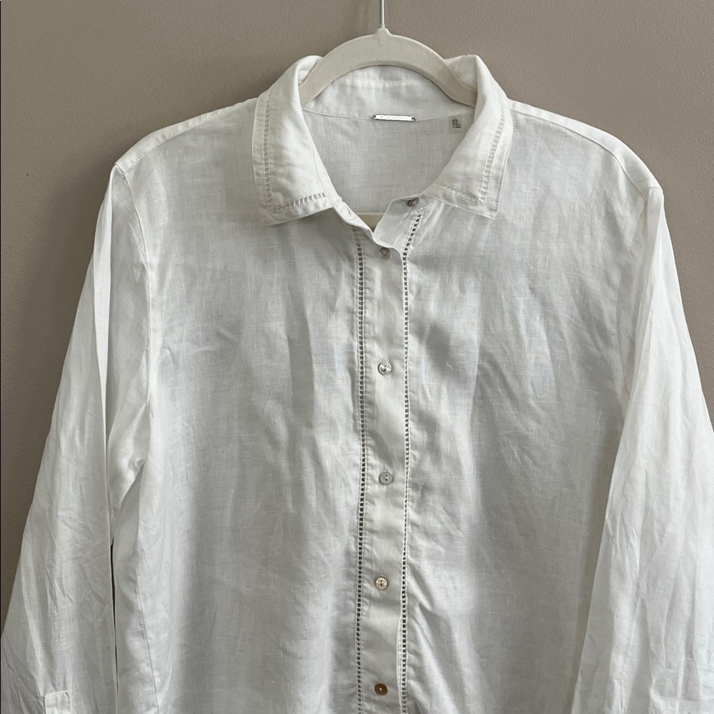 Elie Tahari white linen embroidered button down shirt size medium - Picture 2 of 15